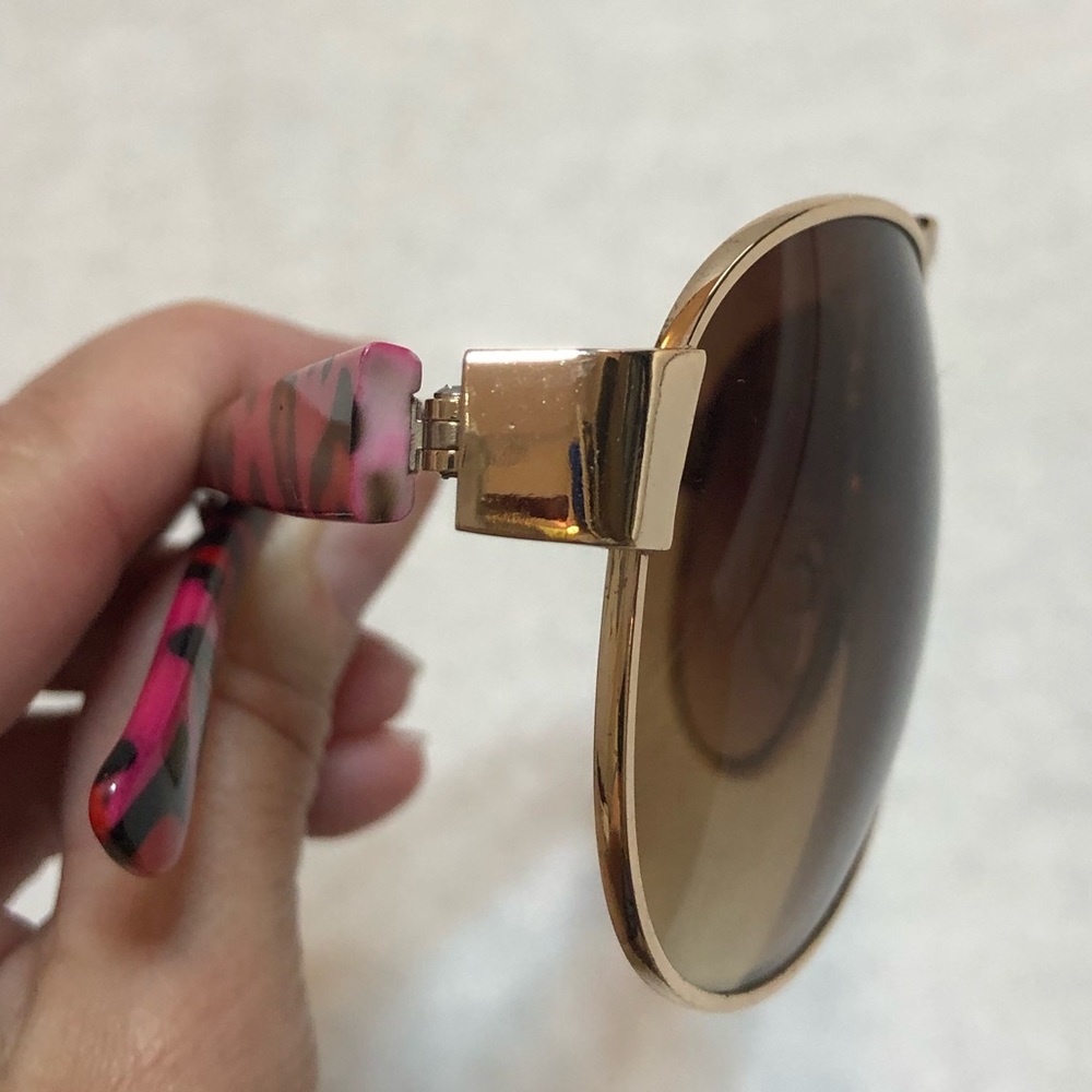 Betsy Johnson Gold Frame Pink and Black Animal Print Arm Sunglasses - Picture 9 of 10